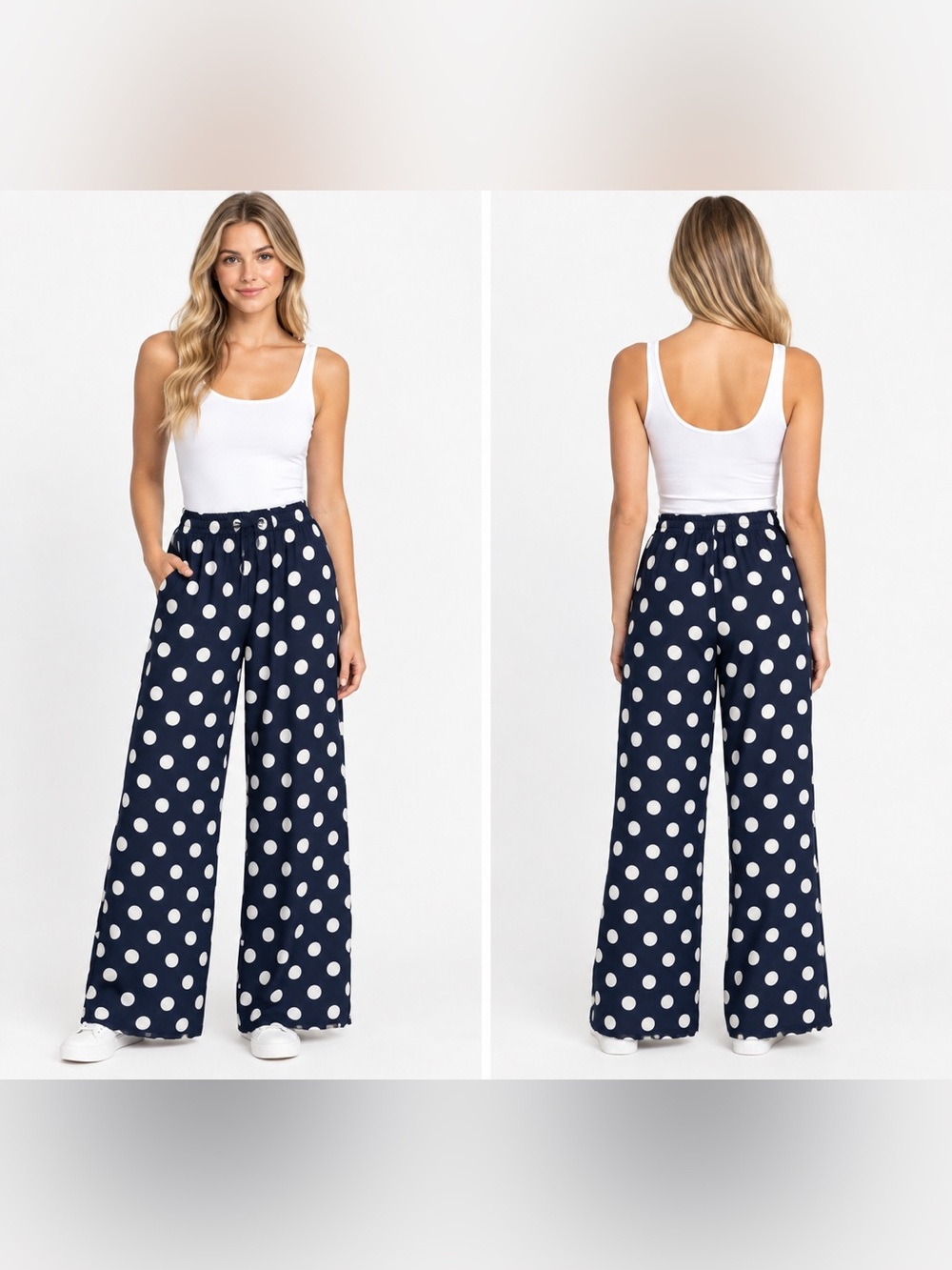 Navy Blue White Polka Dot Wide-Leg Pants with Elastic Waist Size Large